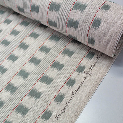 70CM REMNANT Home Furnishing Linen - Ikat Esque - Sage Green and Red